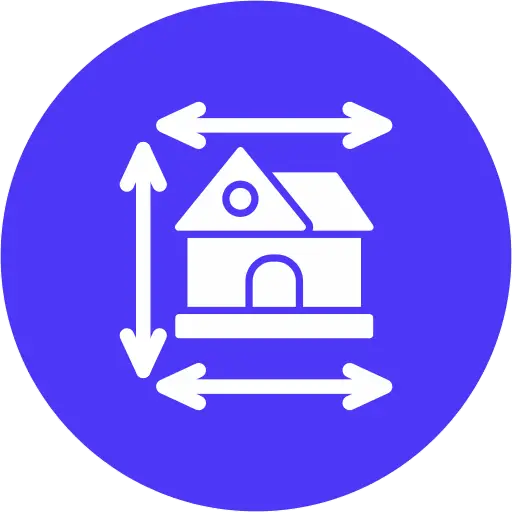 Icon of a house with arrows indicating dimension measurements in all directions, on a purple background.