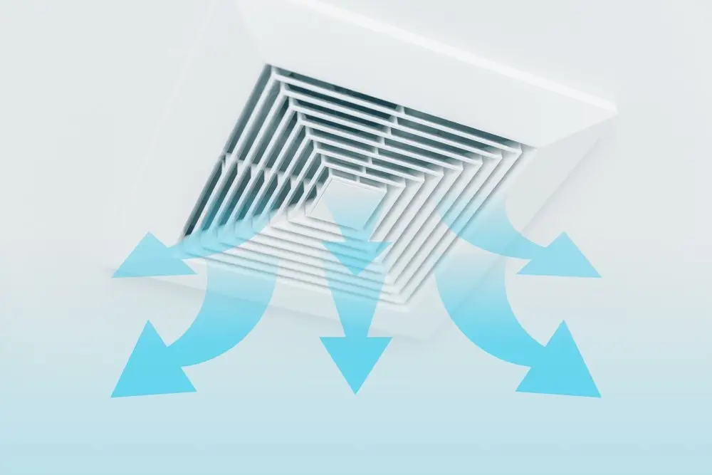 Ceiling vent with blue arrows indicating air circulation.