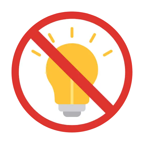 No light bulb symbol inside a red circle with a slash, indicating no idea or no illumination.