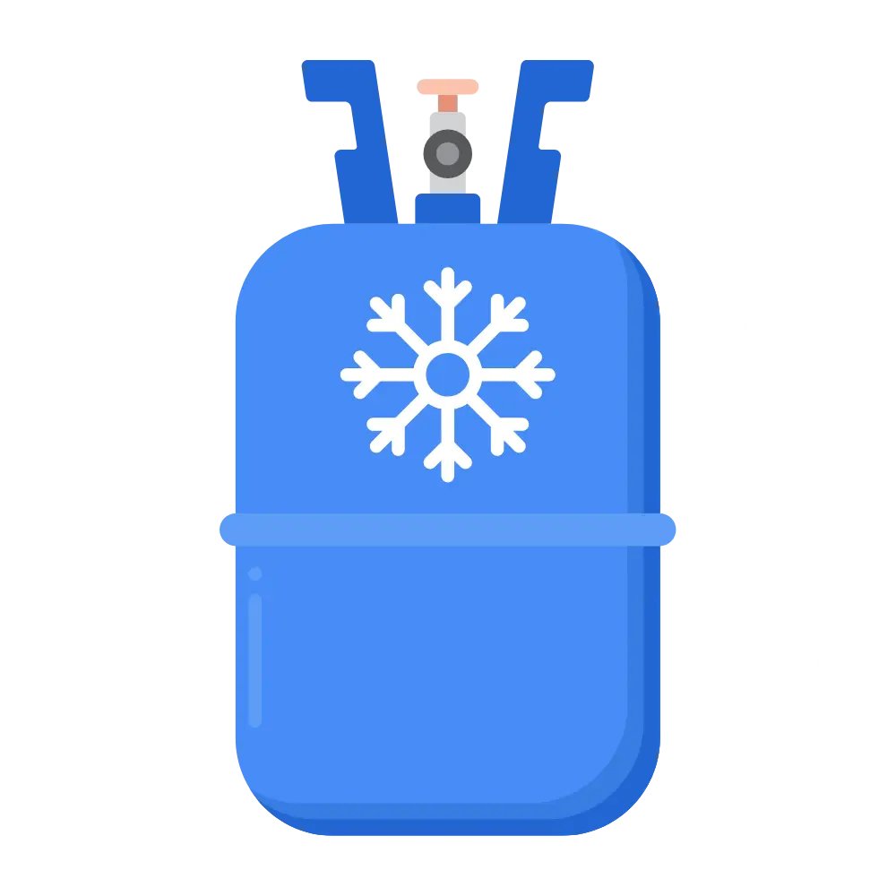 A blue refrigerator with a snowflake symbol on the front and a white downward arrow beside it.