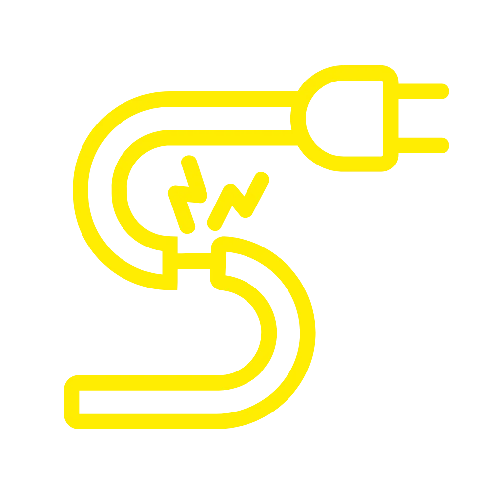 Yellow outline illustration of an electrical plug and a pipe with a crack, emitting sparks, on a black background.